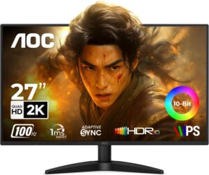 AOC Q27B36 27" QHD IPS Monitor – 2560×1440 Resolution, 100Hz Refresh Rate, 1ms MPRT Response Time, HDR10, AdaptiveSync, 3-Sided Frameless Design​ : Buy Online at Best Price in KSA – Souq is now Amazon.sa: Electronics
